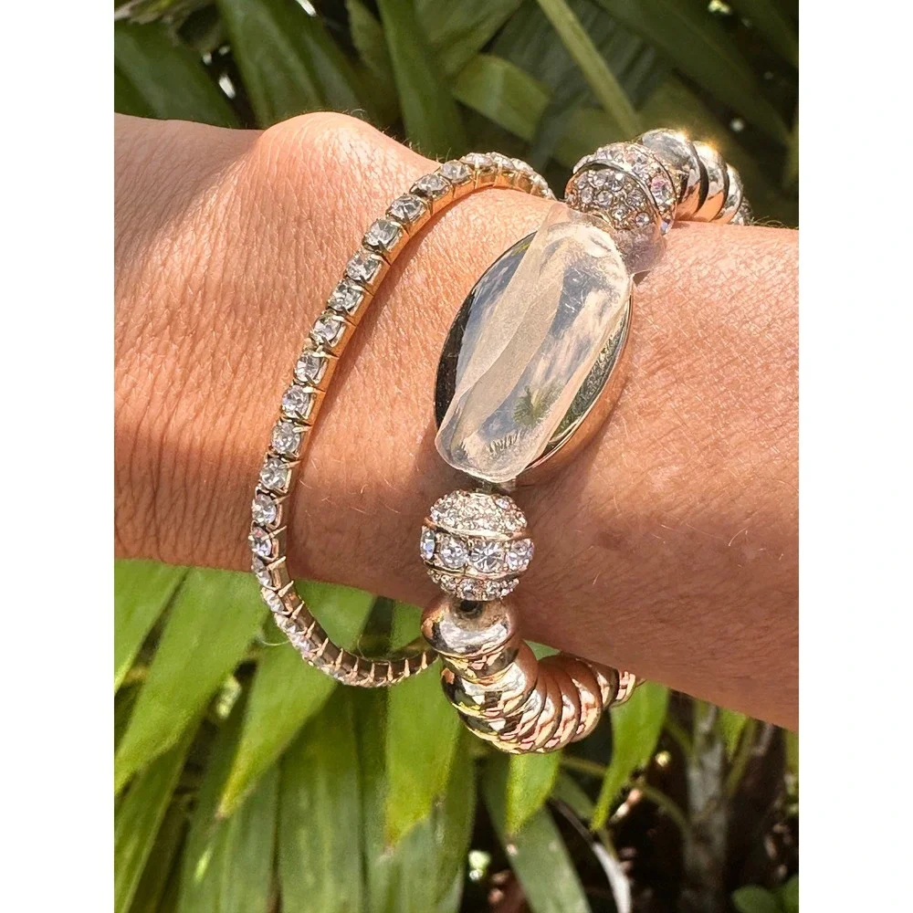 Gold Tone Beaded Stretch Bracelet Set Crystal Tennis Bracelet Stackable Glamour